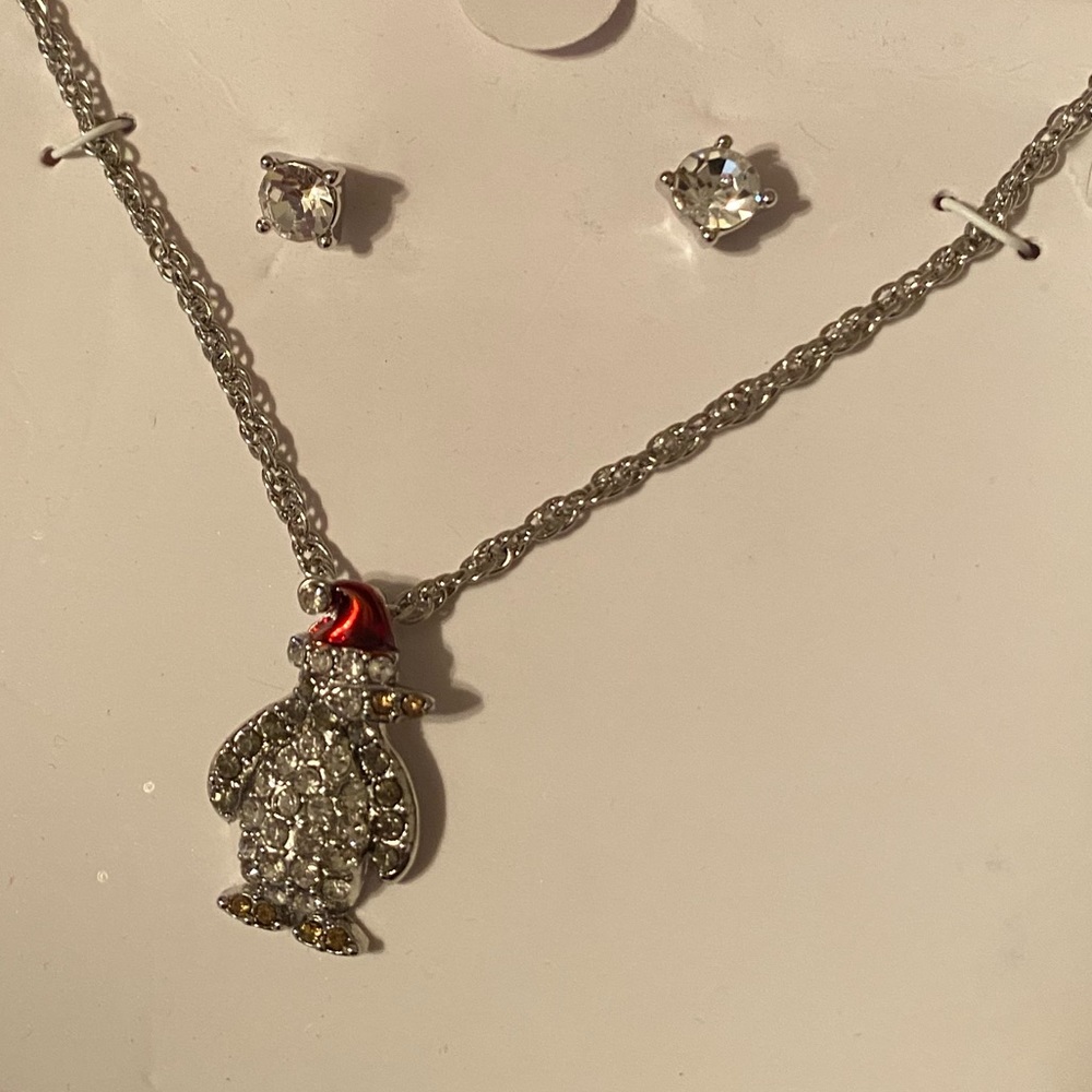 Charter Club Silver Christmas Penguin Pendant Necklace  Stud Earrings Set